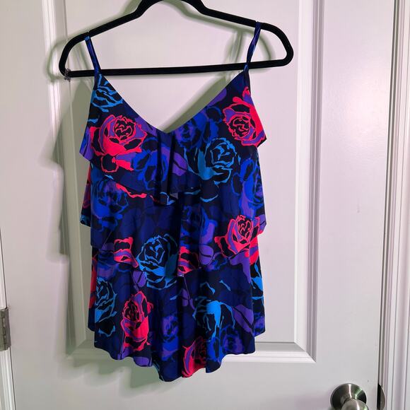 Aqua Green Floral Tankini Top XL Blue Pink Ruffle Layered Swimwear - Picture 1 of 4